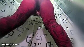 milf soaks leggings in steamy shower pee bath