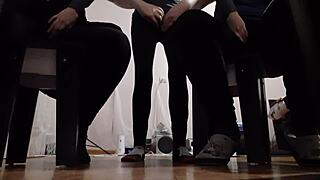 my two black girlfriends in leggings mutual masturbate orgasms while watching me stroke in group fun