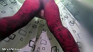 milf soaks leggings in steamy shower pee bath
