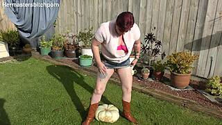 kiwi milf squats huge pumpkin on pussy in backyard toilet style
