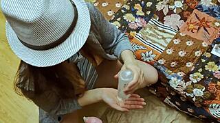 mmm, this amateur brunette neighbor in a hat sucks cock deep then takes hard doggystyle on bed