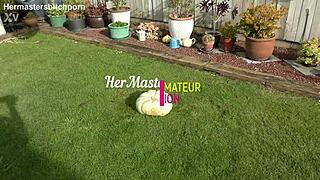 kiwi milf squats huge pumpkin on pussy in backyard toilet style