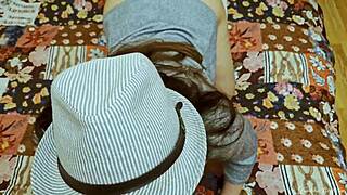mmm, this amateur brunette neighbor in a hat sucks cock deep then takes hard doggystyle on bed