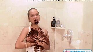 whoa chocolate covered teen paris milan 😍 stripping in shower teasing big tits