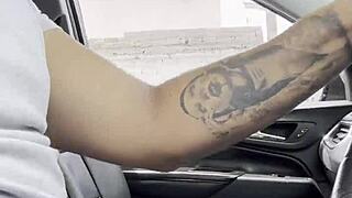 A curvy blonde stranger hops into my car for a wet adventure on the street