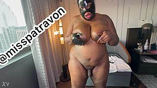 ebony bbw shemale with huge ass strokes massive cock in latex hood