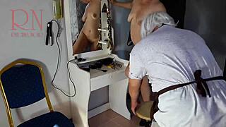 Camera catches nude barbershop hairdresser forcing curvy lady to undress for haircut