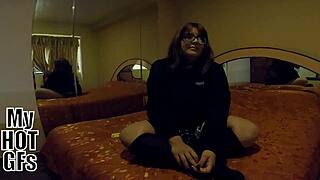 Chubby roommate fucks for her followers