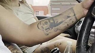 A curvy blonde stranger hops into my car for a wet adventure on the street