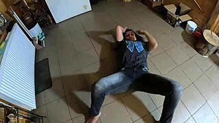 face-fucking and cum play while wearing tight jeans