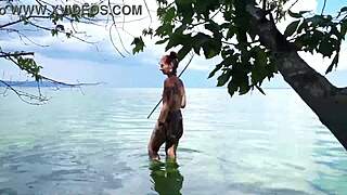 Topless mature babe fishes outdoors with massive harpoon in public homemade amateur exposure