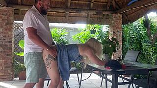 Creampie fucking best friends wife on patio