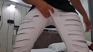 Anale e sega with dense cumshot in close up on ripped clothes