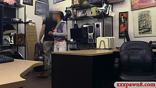 Ebony babe sucks off and gets pounded by pawn keeper