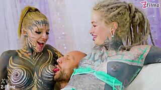 Threesome Tattooed Teen Gets Facial And Gaping