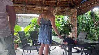 Creampie fucking best friends wife on patio