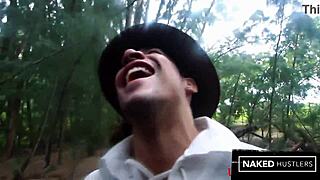interracial double blowjob from 2 big booty baddies in the woods
