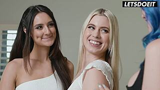 Three lesbians go from yoga stretches to tongue fucking curvy blue hair girl