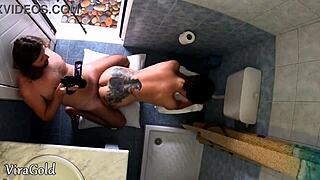 Porn on the toilet with brunette milf