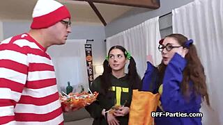 besties spreading wide for candies in foursome halloween