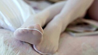Chinese schoolgirl shows sheer white stockings