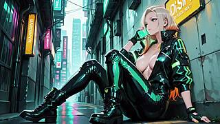 neon rain night blonde agent crouches in wet leather glow