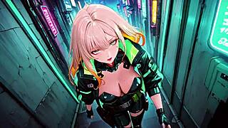neon rain night blonde agent crouches in wet leather glow