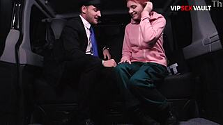 slim redhead sucks his cock in the backseat stroking it with both hands