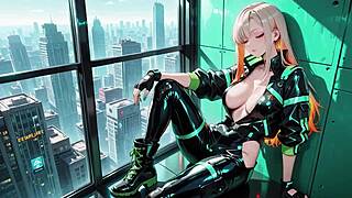 neon rain night blonde agent crouches in wet leather glow