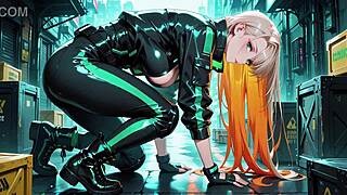 neon rain night blonde agent crouches in wet leather glow
