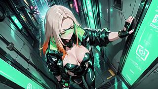 neon rain night blonde agent crouches in wet leather glow