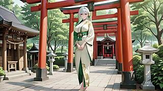 Ai generated silver haired maiden teases in red corridor