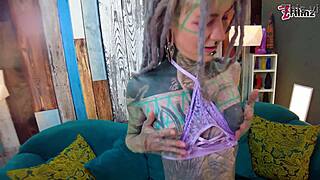 Sexy hippie in lingerie has wild sex with interviewer