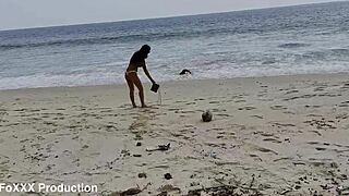 Monika fox walks beach in white panties and swims