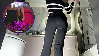 New secretary tall sexy horny brunette babe in glasses poses in bathroom