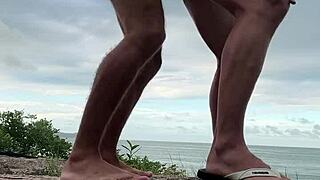 two gays enjoy quick bareback anal on beach