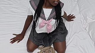Tied up ebony schoolgirl moans through intense orgasm